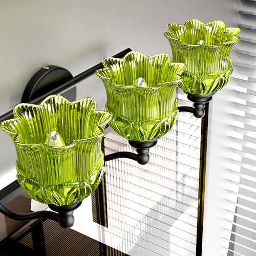 3-Light Vanity Light Over Mirror with Green Crystal Glass Shade | Valley-Lily Shaped Bathroom Light Fixture Black Antique Finish Wall Sconces Mirror Front Lighting for Hallway Living Room - size: 3-Light (Valley-Lily Shaped)