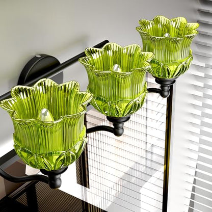 3-Light Vanity Light Over Mirror with Green Crystal Glass Shade | Valley-Lily Shaped Bathroom Light Fixture Black Antique Finish Wall Sconces Mirror Front Lighting for Hallway Living Room - size: 3-Light (Valley-Lily Shaped)