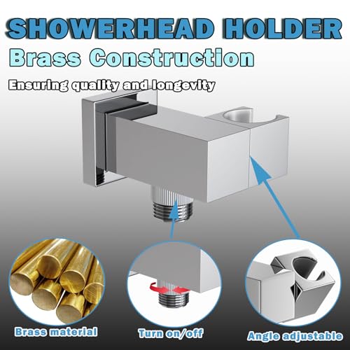 Bathroom Brass Water Supply Elbows Wall Mount Hand Held Shower Head Bracket with On/Off Flow Control Holder Angle Adjustable, Chrome - color: Chrome