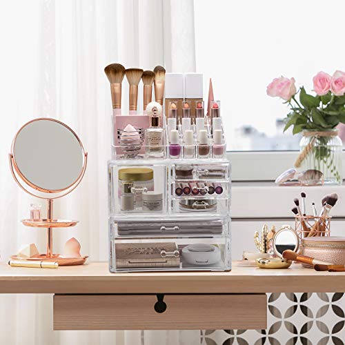 Sorbus Large Clear Makeup Organizer - Detachable 3-Piece Jewelry & Make Up Organizers and Storage Set - Spacious Cosmetic Display Tower - Makeup Organizer for Vanity, Bathroom, Dresser & Countertop - style: Modular Case