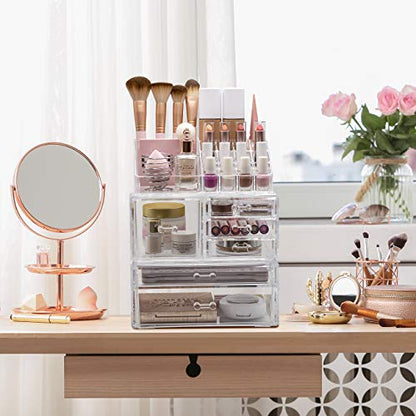 Sorbus Large Clear Makeup Organizer - Detachable 3-Piece Jewelry & Make Up Organizers and Storage Set - Spacious Cosmetic Display Tower - Makeup Organizer for Vanity, Bathroom, Dresser & Countertop - style: Modular Case