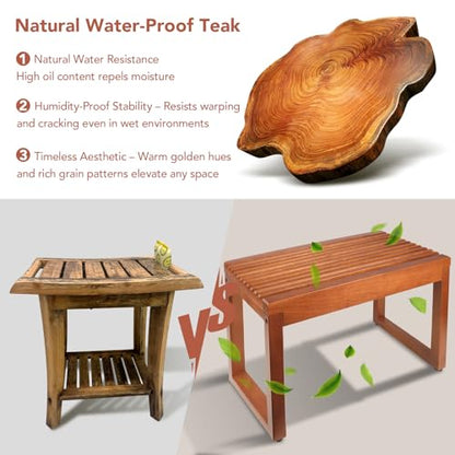 23.7" Teak Shower Bench, Solid Wood Bathroom Stool for Shower & Spa | Waterproof Solid Teak Shower Bench, Adds Spa-inspired Seating and Timeless Style to Bathrooms, Non-slip, Indoor & Outdoor Use - size: Upgraded-Large