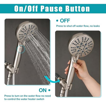 GwernKB Handheld Shower Head with ON OFF Switch & 79in Stainless Steel Hose | Brushed Nickel,Built-in Power Spray,7-mode High Pressure Spray with Bracket & Extra No Drilling Shower Holder for Lower Mount - color: Brushed Nickel