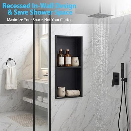 304 Stainless Steel Shower Niche 12” x 24” for Bathroom Storage | Matte Black Recessed Shower Niche No Tile Needed with 2-Tier Shelves for Bathroom Space Saving - size: 12 x 24 inch