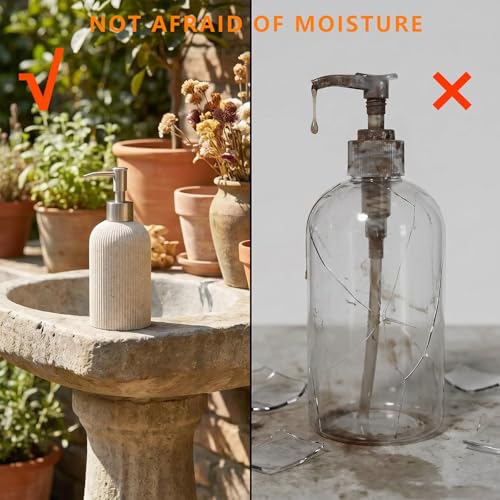 Hand Soap Dispenser with Brushed Metal Pump – Sandstone Resin, Farmhouse Decor for Bathroom & Kitchen, Rust Proof, Sand Beige, 9.5oz