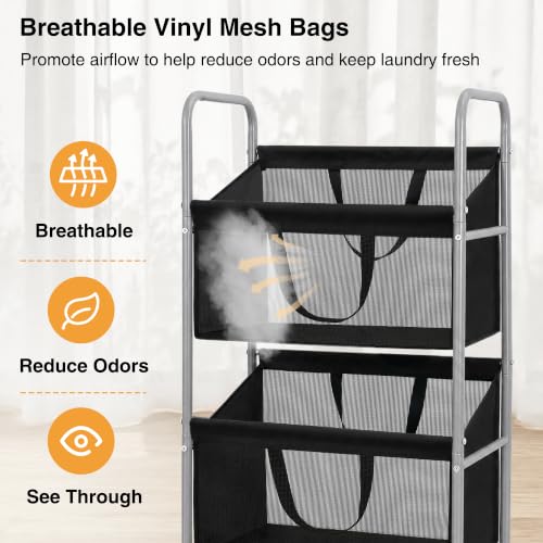 STO STO 3-Tier Vertical Rolling Laundry Hamper, Removable Bags, Black Mesh | 120L Capacity, Space-Saving Vertical Design, Rust-Resistant Steel Frame, Lockable Wheels, Ideal for Apartments & Small Spaces - color: Black Mesh, size: 3-Tier