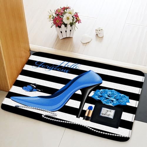 Flower Butterfly Bath Mat Hello Gorgeous Fashion Girl Black Perfume Bottle Lipstick Blue High Heel Rose Floral Romantic Lover Girls Bathroom Rug Kitchen Toilet Floor Carpet 20x31 Inch - color: Blue, size: 20x31 Inch