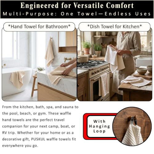 PÜSKÜL Natural 100% Turkish Cotton Waffle Hand and Kitchen Towels Set of 3 | Raw-Undyed, Large 32x16 inc, Honeycomb-Waffle weave towel for bathroom & kitchen. Premium quality oeko-tex made in Turkey. - color: Natural Raw-undyed, size: Kitchen & Hand Towel