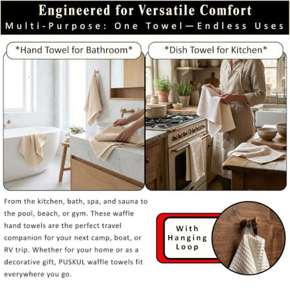 PÜSKÜL Natural 100% Turkish Cotton Waffle Hand and Kitchen Towels Set of 3 | Raw-Undyed, Large 32x16 inc, Honeycomb-Waffle weave towel for bathroom & kitchen. Premium quality oeko-tex made in Turkey. - color: Natural Raw-undyed, size: Kitchen & Hand Towel