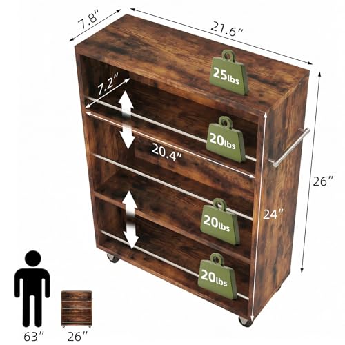 4-Tier Slim Rolling Cart with Wheels, 7.9"W Narrow Storage, Rustic Brown | 4 adjustable MDF shelves (20 lbs each), 360° casters + side handle, Fits kitchen, laundry, bathroom & dorm tight gaps - color: Brown