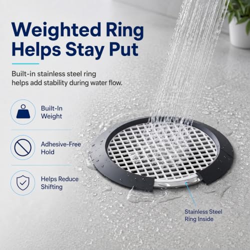 35 Pack Disposable Shower Drain Hair Catcher with Weighted Silicone Ring | Adhesive-free 3.84 in mesh nets for flat shower, tub and floor drains, designed to help hold the cover securely in place.