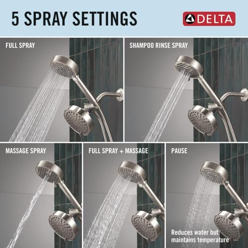 Delta Round 2-in-1 Dual Shower Head with 4-Setting HandHeld Spray, Brushed Nickel Detachable Double Shower Head with Hose, Showerhead, 1.75 GPM Flow Rate, Stainless 75756SS - color: Stainless
