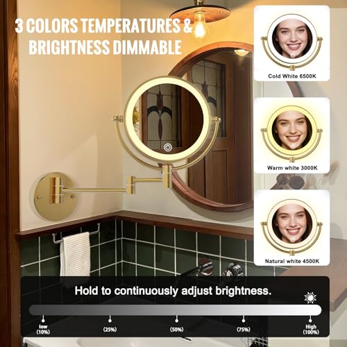 Wall Mounted Lighted Makeup Mirror with Magnification Rechargeable | 1X/10X Bathroom 2 Sided Vanity, 360 Rotation Retractable Swing Arm, Upgraded 3 Color LED & Brighter, Brushed Moderne Brass - color: Brushed Moderne Brass