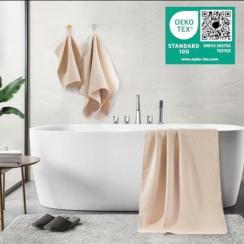 POLYTE 430 GSM Poly Blend Microfiber Quick Dry Waffle Bath Towel Set of 6 | 2-Body Towels, 2-Hand Towels, 2-Wash cloths, Oversize, Lint Free - color: Light Beige