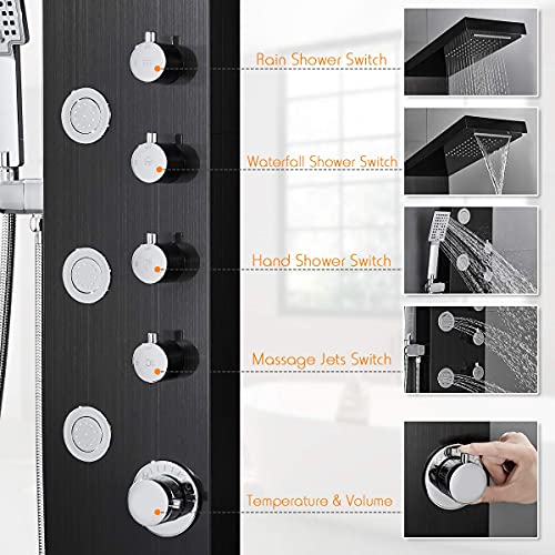 ROVATE 4-in-1 Rainfall Waterfall Shower Panel Tower System, Black | Shower Column with Body Massage Jets and Handheld, Stainless Steel High Pressure, Use Multiple Functions Simultaneously - color: Black Finish