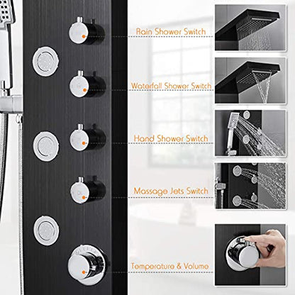 ROVATE 4-in-1 Rainfall Waterfall Shower Panel Tower System, Black | Shower Column with Body Massage Jets and Handheld, Stainless Steel High Pressure, Use Multiple Functions Simultaneously - color: Black Finish