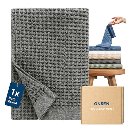 ONSEN Supima® Waffle Bath Towel, Large, Quick Dry Lint Free 100% USA Cotton, Lightweight Absorbent Bath Towel, 31x57 in (Cinder Grey, 1x Bath Towel) - color: Cinder Grey, size: Bath Towel