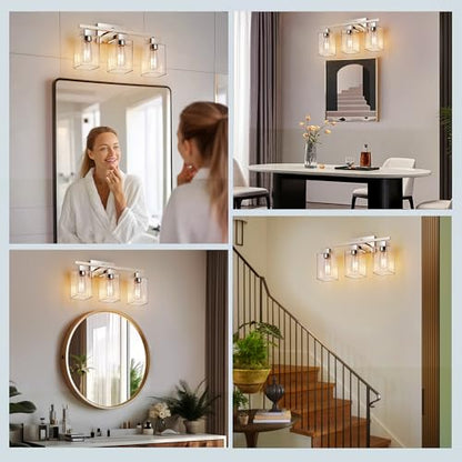 3-Light Bathroom Light Fixtures, Brushed Nickel Modern Vanity Lights, Bathroom Lighting Fixtures Over Mirror, Square Design Farmhouse Wall Sconces with Clear Glass Shades - color: Brushed Nickel, size: 3-Light