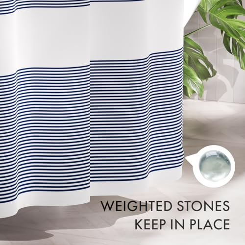 AmazerBath Navy Blue Shower Curtain, Blue and White Striped Bathroom Shower Curtain with 12 Shower Curtain Hooks, Rustic Fabric Blue and White, 72x72 Inches - color: A- Blue Stripe +12 Metal Hooks, size: 72"W x 72"L (Pack of 1)