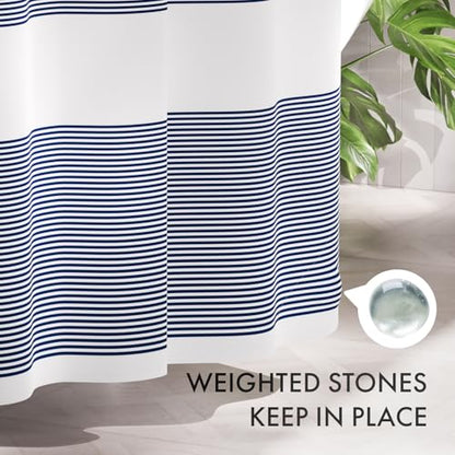 AmazerBath Navy Blue Shower Curtain, Blue and White Striped Bathroom Shower Curtain with 12 Shower Curtain Hooks, Rustic Fabric Blue and White, 72x72 Inches - color: A- Blue Stripe +12 Metal Hooks, size: 72"W x 72"L (Pack of 1)