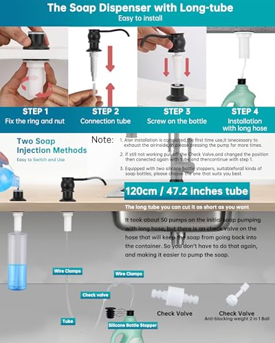 Brass Kitchen Soap Dispenser, Oil Rubbed Bronze in Sink Liquid Dish Soap Dispenser, Under Sink Hand Metal Dispenser Pump, 47.2" Silicone Long Tube for 0.79 "- 1.38" Bottle Mouths - color: Oil Rubbed Bronze, size: With Hose