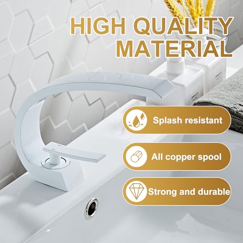White Finish Bathroom Sink Faucet,Unique Design and Pop Up Drain - color: White