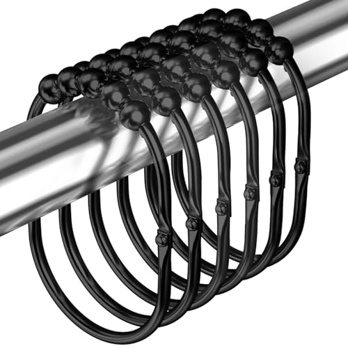 MENGJINGO 12PCS Wide Shower Curtain Hooks Rings, Rust Proof Stainless Steel | Heavy Duty Shower Hooks Rings for Bathroom Shower Rods Curtains Liners, Easy Glide Rollers, Set of 12, Black - color: Black