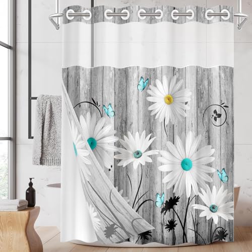 No Hook Shower Curtain with Snap in Liner 71x74 Inch Daisy Flower | Wooden Boards Gray Modern Double Layers Waterproof Fabric with See Through Top Window Open Grommet Bath Curtain - color: Daisy, size: 71"W x 74"L (Pack of 1)