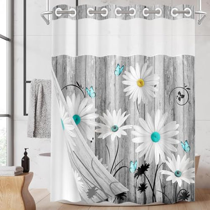 No Hook Shower Curtain with Snap in Liner 71x74 Inch Daisy Flower | Wooden Boards Gray Modern Double Layers Waterproof Fabric with See Through Top Window Open Grommet Bath Curtain - color: Daisy, size: 71"W x 74"L (Pack of 1)