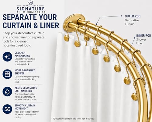 Utopia Alley Signature Aluminum Series Double Curved Shower Curtain Rod, Adjustable 45-72 Inch, Rustproof Aluminum, Dual Rod Design, Separates Curtain & Liner, Adds 8 Inches More Space, Bright Gold - color: Bright Gold
