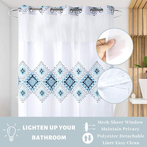 Long 71x79 Hotel Grade Fabric Hook Free Shower Curtain with Polyester Replacement Liner White&Blue Boho Style – Machine Washable Top See Through Mesh Window - color: White&blue, size: 71"W x 79"L (Pack of 1)