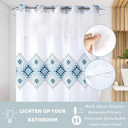 Long 71x79 Hotel Grade Fabric Hook Free Shower Curtain with Polyester Replacement Liner White&Blue Boho Style – Machine Washable Top See Through Mesh Window - color: White&blue, size: 71"W x 79"L (Pack of 1)