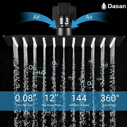 Full Body Rain Shower System with 4 Body Shower Jets & 12’’ Wall Mount Rainfall Shower Head & Handheld, DASAN Multi Shower Head System Matte Black Rain Shower Faucets sets Combo with Rough-in Valve - color: Matte Black