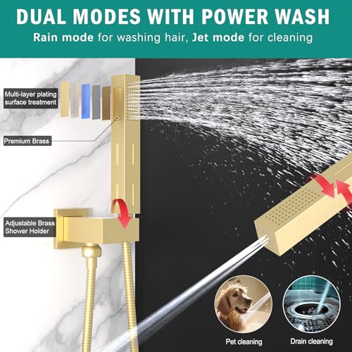 Enga Shower System with Body Jets, Dual Head 10 Inch Rain Shower Head with 6 Inch Showerhead, 4 Body Jets with 2 in 1 Handheld Spray, Brushed Gold - color: Brushed Gold, style: Wall-10"+6"+4Jets