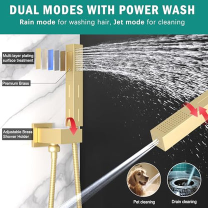 Enga Shower System with Body Jets, Dual Head 10 Inch Rain Shower Head with 6 Inch Showerhead, 4 Body Jets with 2 in 1 Handheld Spray, Brushed Gold - color: Brushed Gold, style: Wall-10"+6"+4Jets