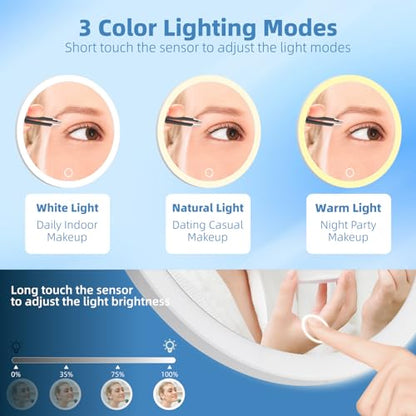 30X Concave Magnifying Mirror with Lights, 3-Color Light Adjustable Brightness, 6inch Travel Magnified Mirror with Suction Cups, Large 30x High Makeup Magnification and Tweezers - color: Pink-30x