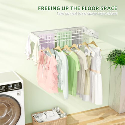 Wall Mounted Drying Rack for Laundry 40'', Folding Drying Rack Clothing Wall Mount with 5 Rods and 6 Hooks, Space Saving for Indoor Outdoor Bathroom Balcony (White, 40'') - size: 40''【6 Hooks】