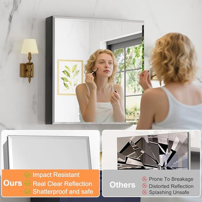 28 x 30 Inch Large Aluminum Medicine Cabinet with Beveled Mirror, Black | Soft-close Hinge, Oversized Beveled Edge Mirrored Door, Recessed or Surface Mount, Adjustable Glass Shelves - size: 28 in. x 30 in.