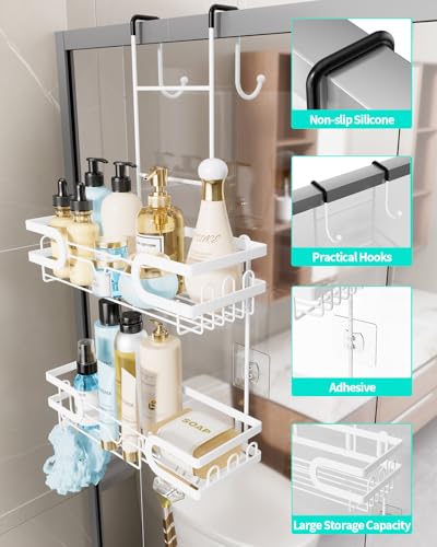 HapiRm Shower Caddy Over Door- Hanging Shower Organizer with 14 Hooks and Soap Holder, Rustproof & Waterproof Stainless Steel Bathroom Shelf - White - color: White