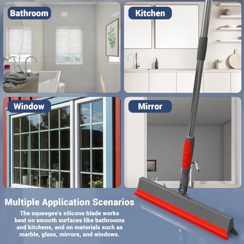 Floor Squeegee for Concrete Floor, 15.8" Large Heavy Duty Squeegee for Floor with 60" Adjustable Handle, 2-in-1 Silicone & EVA Blade for Garage,Concrete,Tile,Bathroom,Window Glass Cleaning