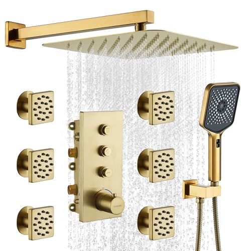 CASAINC 12 Inch Rain Shower Head with Handheld, Brushed Gold Thermostatic Shower System, Wall Mount Rainfall Shower System with Body Jets, 3-Functions Shower System with Thermostatic Valve - color: Brushed Gold, style: Style A