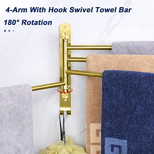 NearMoon Swivel Towel Rack, 13.8" Thicken 304 Stainless Steel 4-Arm Towel Bar, Space Saving Wall Mounted Towel Holder with Hook, Rustproof Swing Out Towel Hanger for Bathroom, Kitchen (Brushed Gold) - color: Brushed Gold, size: 13.8 Inch