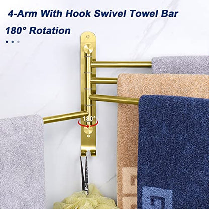 NearMoon Swivel Towel Rack, 13.8" Thicken 304 Stainless Steel 4-Arm Towel Bar, Space Saving Wall Mounted Towel Holder with Hook, Rustproof Swing Out Towel Hanger for Bathroom, Kitchen (Brushed Gold) - color: Brushed Gold, size: 13.8 Inch