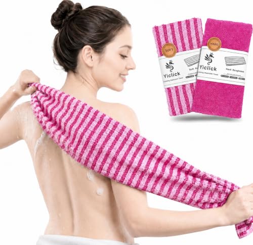 Yiclick Exfoliating Washcloth Towel, Back Scrubber for Shower for Women, Exfoliating Body Scrubber, Loofah Sponge Wash Cloth, Korean Japanese Exfoliating Shower Towel, Exfoliator Washer for Bath - color: Peach