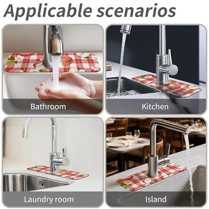 Kitchen Sink Splash Guard，Apple-on a checkered Faucet Mat Sink Gadgets-Super Absorbent Fast Drying Mat Drip Catcher for Kitchen, Bathroom,Sink Mat, Dish Drying Mat, Bathroom(15" X 5.5" ) - color: Apple-on a checkered