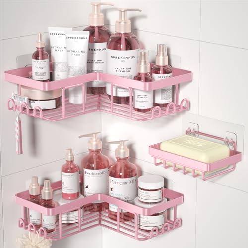 Corner Adhesive Shower Caddy, with Soap Holder and 12 Hooks, Rustproof Stainless Steel Bathroom Organizer, No Drilling Wall Mounted Rack, Pink, 3-Pack - color: Pink