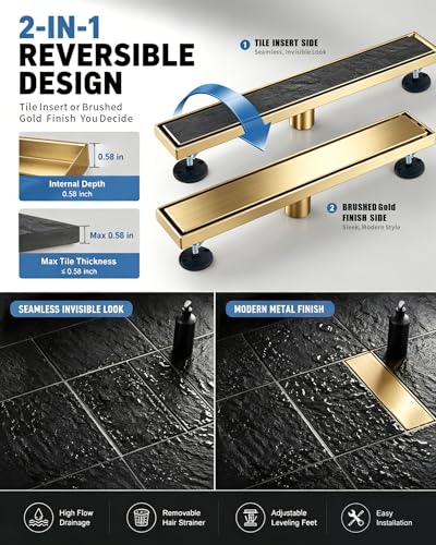 24 Inch Brushed Gold Linear Shower Drain | CUPC Certified 2-in-1 Tile Insert for Curbless Showers. 304 Steel, 15.8GPM Flow. Includes Hair Catcher & Adjustable Feet. - color: Gold, size: 24in