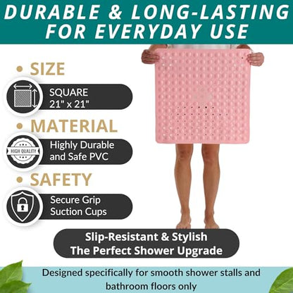 ENKOSI Square Shower Mat – 21 x 21 Inch Non-Slip Mat with Suction Cups and Drain Holes – Anti-Slip Square Bathroom Bathtub Shower Mats for Inside Shower (21x21 Baby Pink) - color: Baby Pink