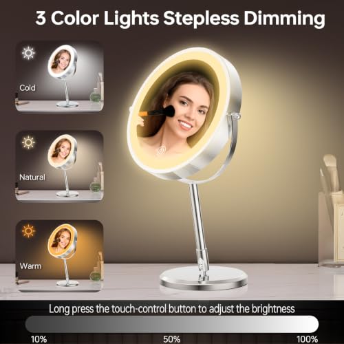 1X/10X Double Sided Travel Makeup Mirror with Lights, Chrome | 7" Lighted Makeup Mirror with Magnification for Traveling, Standing Alone, Rechargeable, Dimmable, 3 Lighting Colors, Silver