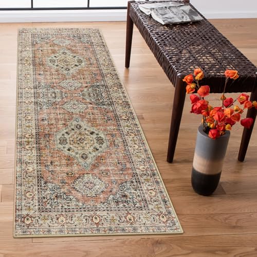 Lahome Oriental Washable Runner Rug, 2x6 Runner Rugs for Hallway Kitchen, Ultra-Thin Distressed Vintage Soft Long Carpet for Bathroom Bedroom Laundry Room Eleanor, Peach/Orange - color: Terracotta, size: 2' x 6' (Runner)